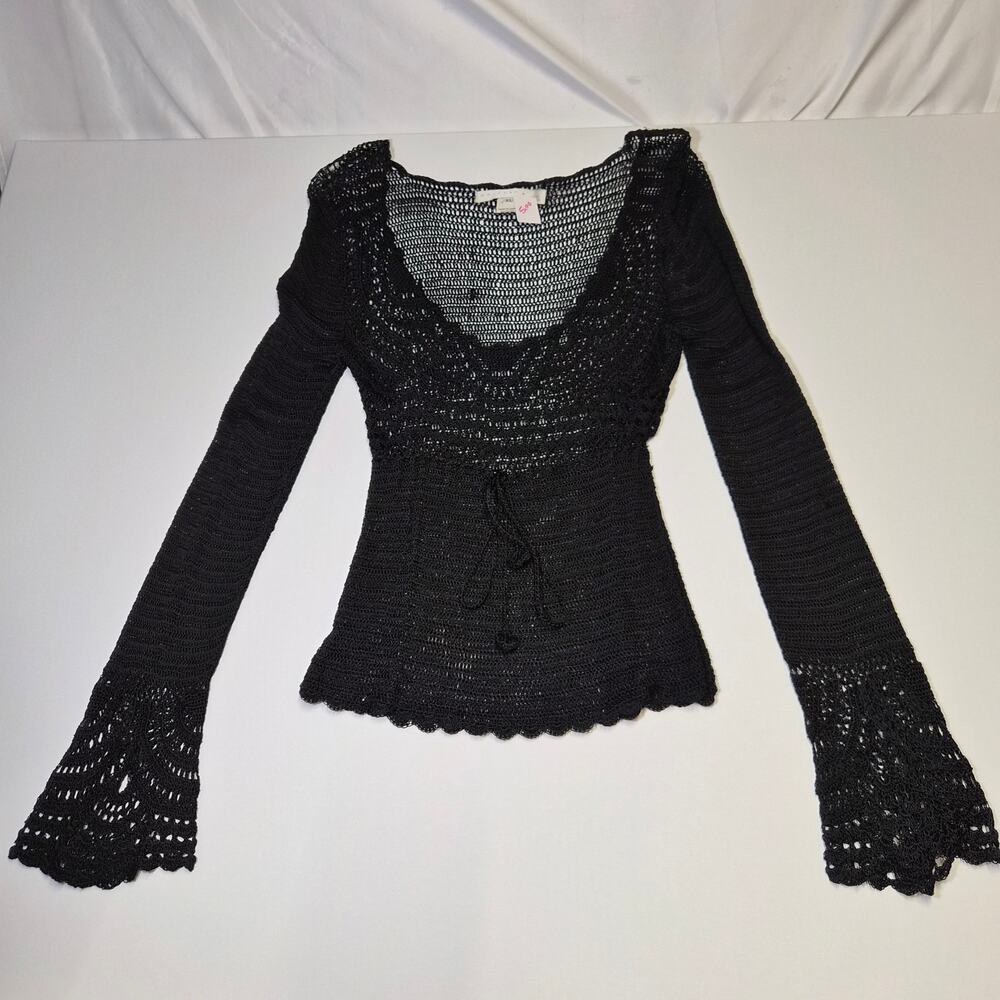 Bette Paige Black Open Crochet Lace Top Flare Bell Sleeves XL Boho Y2K Festival